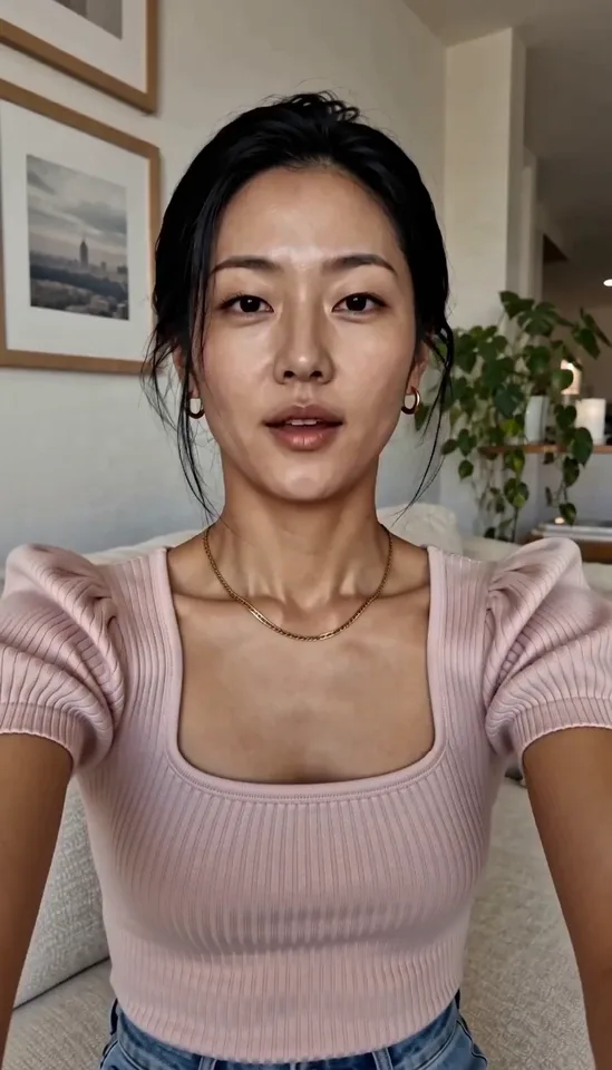 Nari in a blush pink knit top and blue jeans speaks into a selfie camera, beginning calmly and becoming angry. My Own Story — revised 60-second video, September 16, 2026.